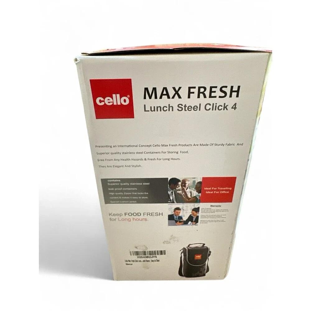 NEW Cello Max Fresh Click Steel Leakproof Lunch Box Set with Bag 4 Containers